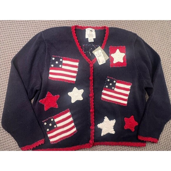 Vtg NOS  Christopher & Banks Embroidered Cardigan USA Sz L Grandmacore Patriotic - Picture 1 of 9